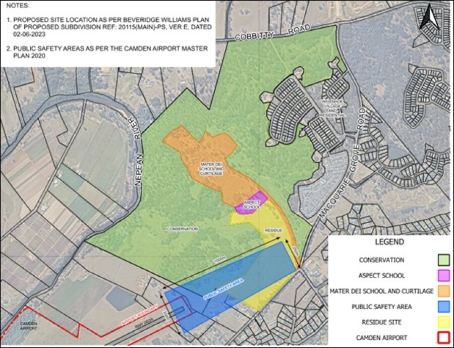 Figure 5-6: National Airports Safeguarding Framework Guideline 1 Public Safety Area Camden Airport (excerpt from Rehbein Airport Consulting (31 August 2023) ‘Wivenhoe’ – 229 Macquarie Road Grove, Cobbitty Airport Safeguarding Assessment – Aviation Services - Figure M21116/07